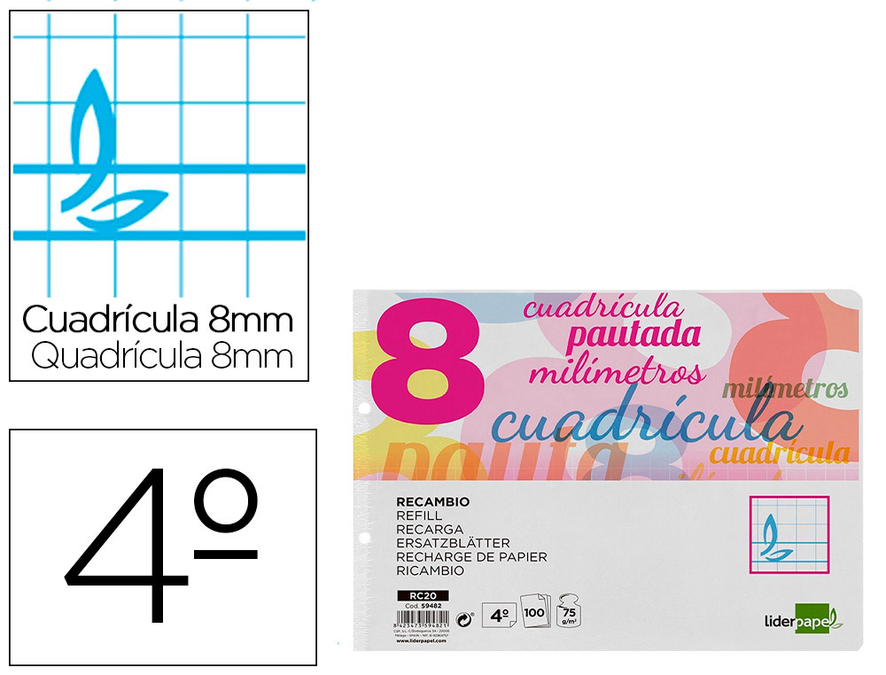 RECAMBIO LIDERPAPEL CUARTO 100 HOJAS 70G/M2 CUADRO PAUTADO 8 MM CON MARGEN 2 TALADROS APAISADO