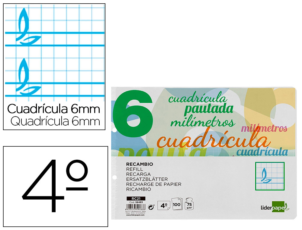 RECAMBIO LIDERPAPEL CUARTO 100 HOJAS 70G/M2 CUADRO PAUTADO 6 MM CON MARGEN 2 TALADROS APAISADO
