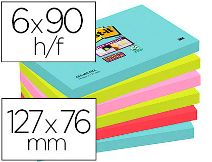 BLOCO DE NOTAS ADESIVAS POST-IT SUPER STICKY 76X127 MM COM 90 FOLHAS PACK DE 6 UNIDADES CORES MIAMI