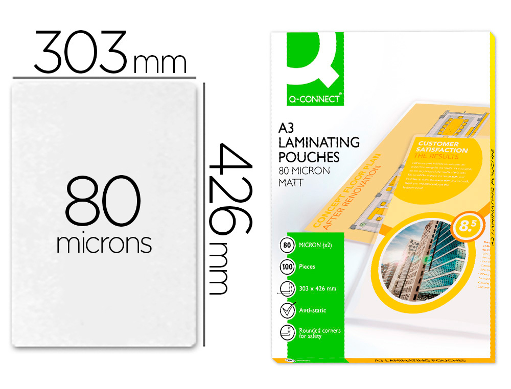 BOLSA DE PLASTIFICAR Q-CONNECT 303 X 426 MM 80 MICRONS DIN A3 MATE CAIXA DE 100 UNIDADES
