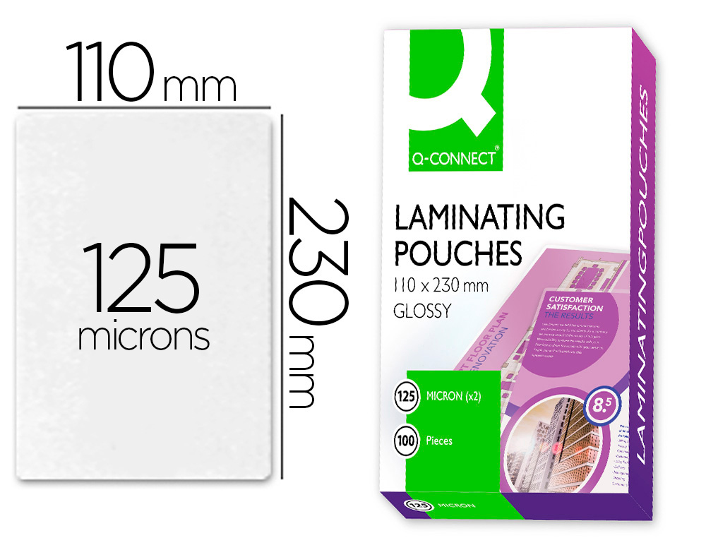 BOLSA DE PLASTIFICAR Q-CONNECT 110 X 230 MM 125 MICRONS CAIXA DE 100 UNIDADES