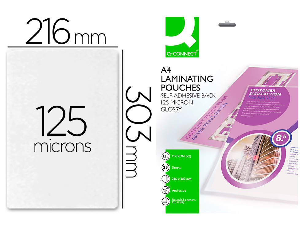 BOLSA DE PLASTIFICAR Q-CONNECT 303 X 216 MM 125 MICRONS DIN A4 AUTOADESIVAS CAIXA DE 25 UNIDADES