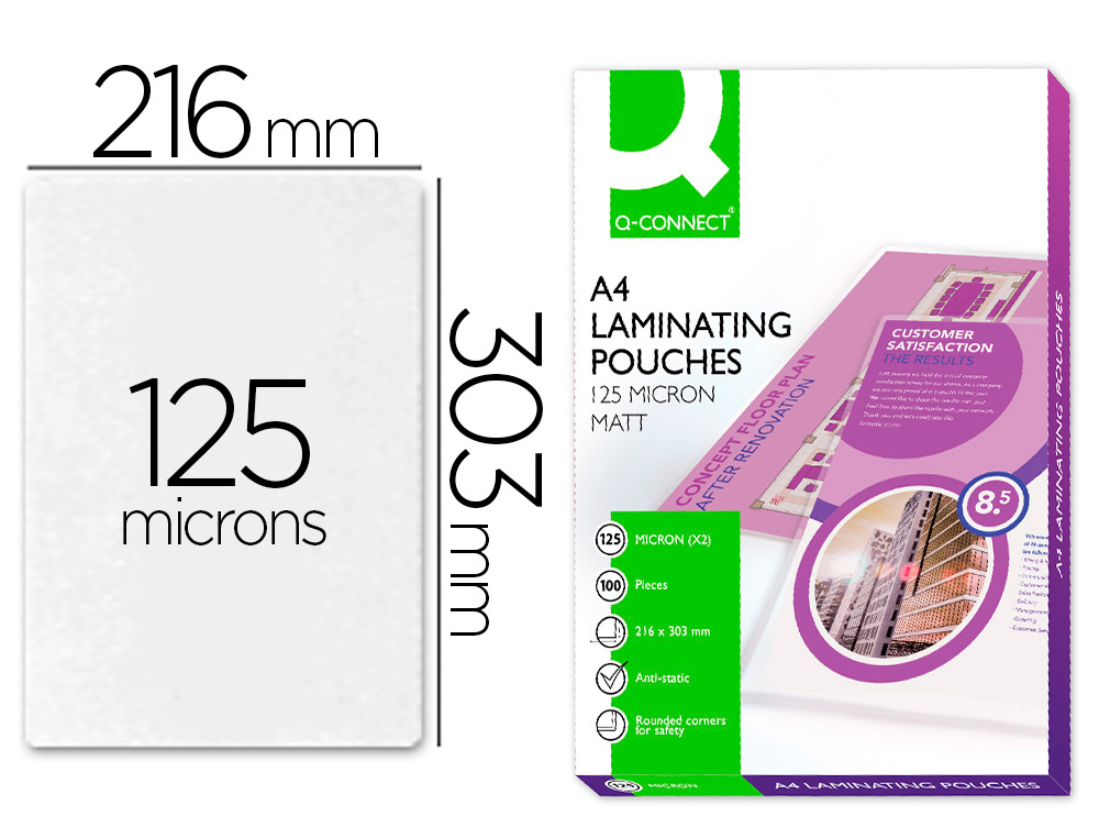 BOLSA DE PLASTIFICAR Q-CONNECT 303 X 216 MM 125 MICRONS DIN A4 MATE SEM REFLEXOS CAIXA DE 100 UNIDADES