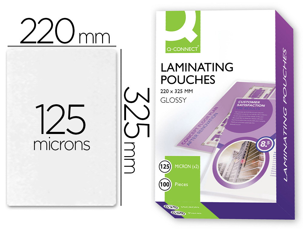 BOLSA DE PLASTIFICAR Q-CONNECT 325 X 220 MM 125 MICRONS FOLIO CAIXA DE 100 UNIDADES
