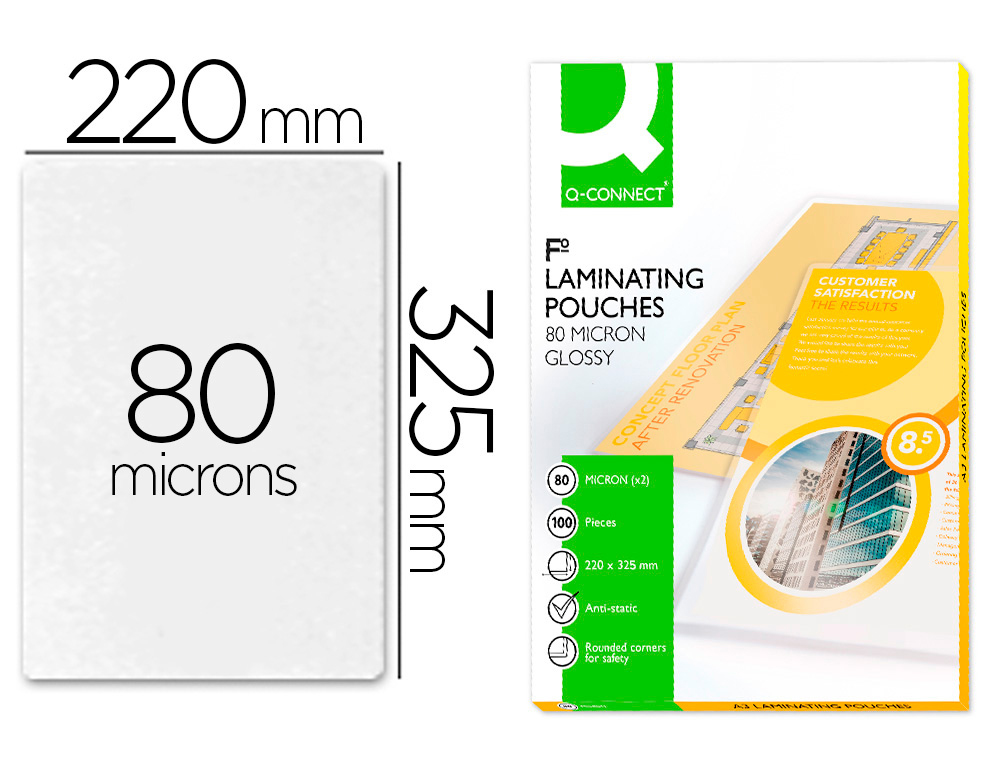 BOLSA DE PLASTIFICAR Q-CONNECT 325 X 220 MM 80 MICRONS FOLIO CAIXA DE 100 UNIDADES
