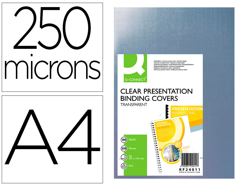 CAPA DE ENCADERNACAO Q-CONNECT PVC DIN A4 INCOLOR 250 MICRONS PACK DE 100 UNIDADES