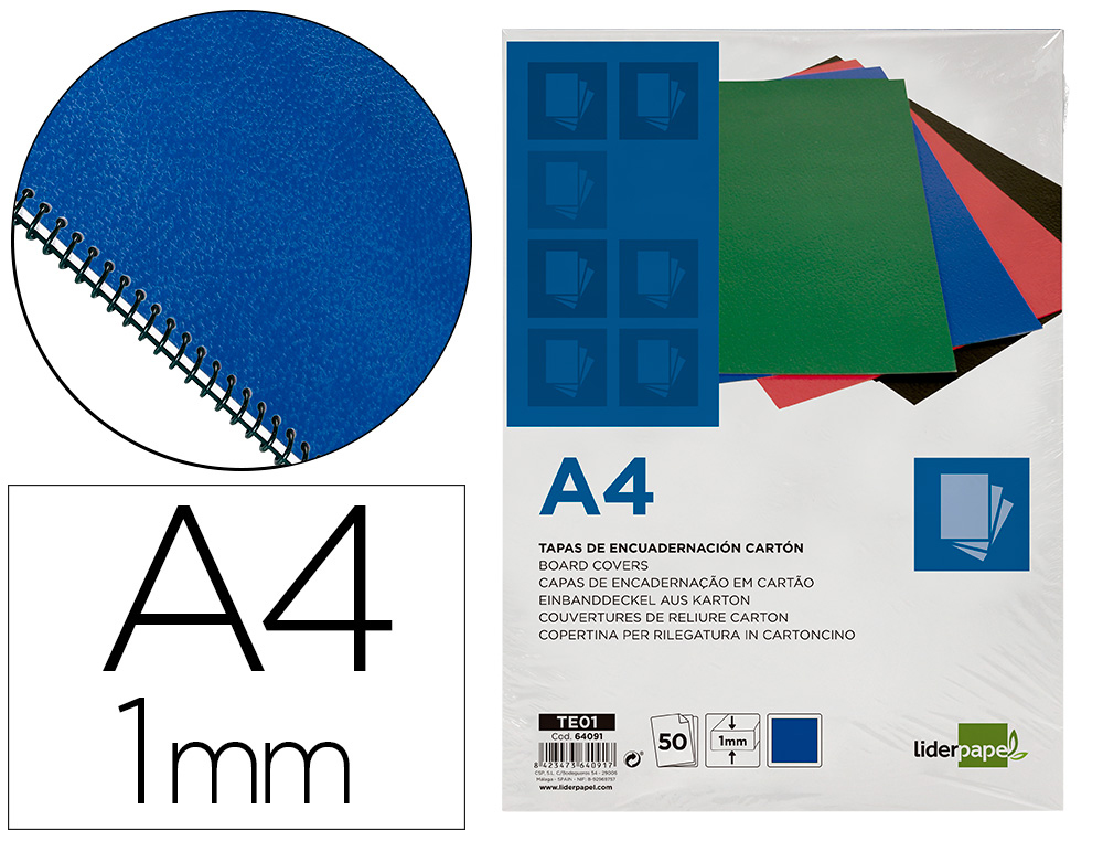 CAPA DE ENCADERNACAO LIDERPAPEL CARTAO DIN A4 1 MM AZUL PACK DE 50 UNIDADES
