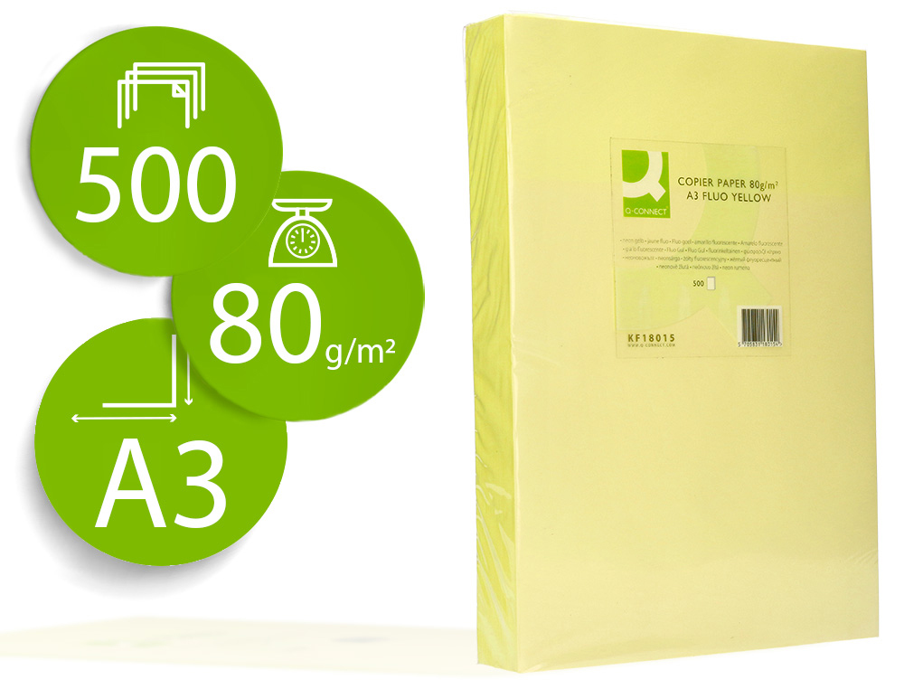 PAPEL DE COR Q-CONNECT DIN A3 80 GR AMARELO NEON EMBALAGEM DE 500 FOLHAS