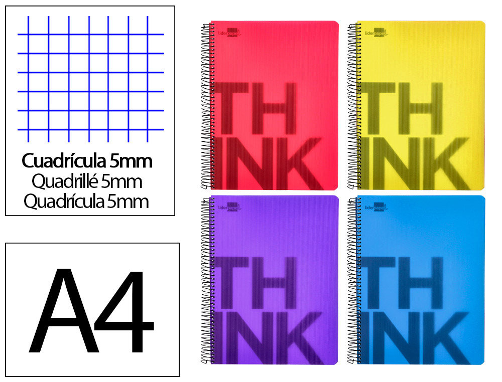 BLOC ESPIRAL LIDERPAPEL A4 MICRO THINK TAPA POLIPROPILENO 140H 80G CUADRO 5 MM 5 BANDAS 4 TALADROS 4