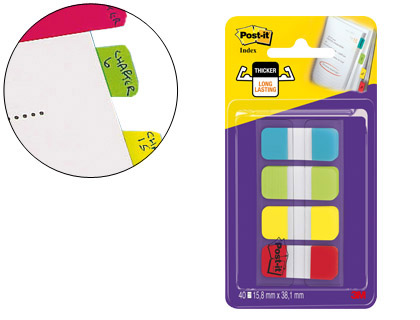 BANDAS SEPARADORAS POST-IT INDEX RIGIDAS DISPENSADOR 4 CORES AMARELO AZUL LIMA E VERMELHO MINI 4X10 MM PACK DE 40 UDS