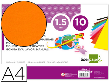 GOMA EVA LIDERPAPEL DIN A4 60 GR ESPESSURA 1,5MM LARANJA PACK 10 FOLHAS
