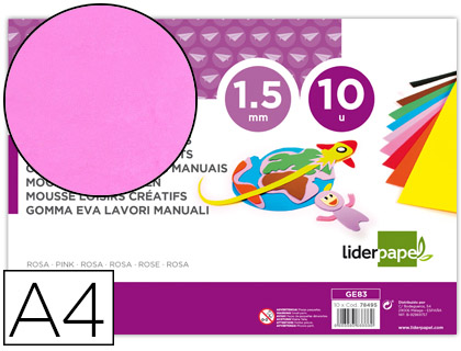 GOMA EVA LIDERPAPEL DIN A4 60 GR ESPESSURA 1,5MM ROSA PACK 10 FOLHAS