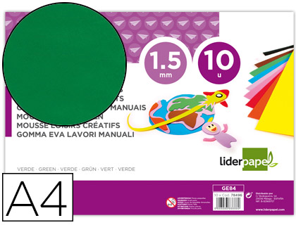 GOMA EVA LIDERPAPEL DIN A4 60 GR ESPESSURA 1,5MM VERDE PACK 10 FOLHAS