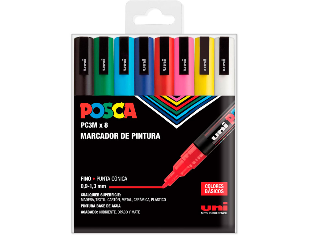 ROTULADOR UNI POSCA PC-3M MARCADOR DE PINTURA PUNTA CONICA 0,9-1,3 MM ESTUCHE DE 8 UNIDADES COLORES BASICOS