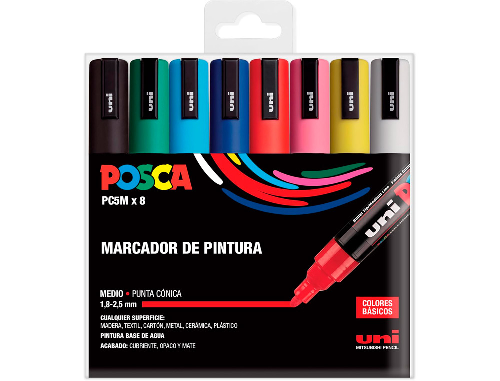 ROTULADOR UNI POSCA PC-5M MARCADOR DE PINTURA PUNTA CONICA 1,8-2,5 MM ESTUCHE DE 8 UNIDADES COLORES BASICOS