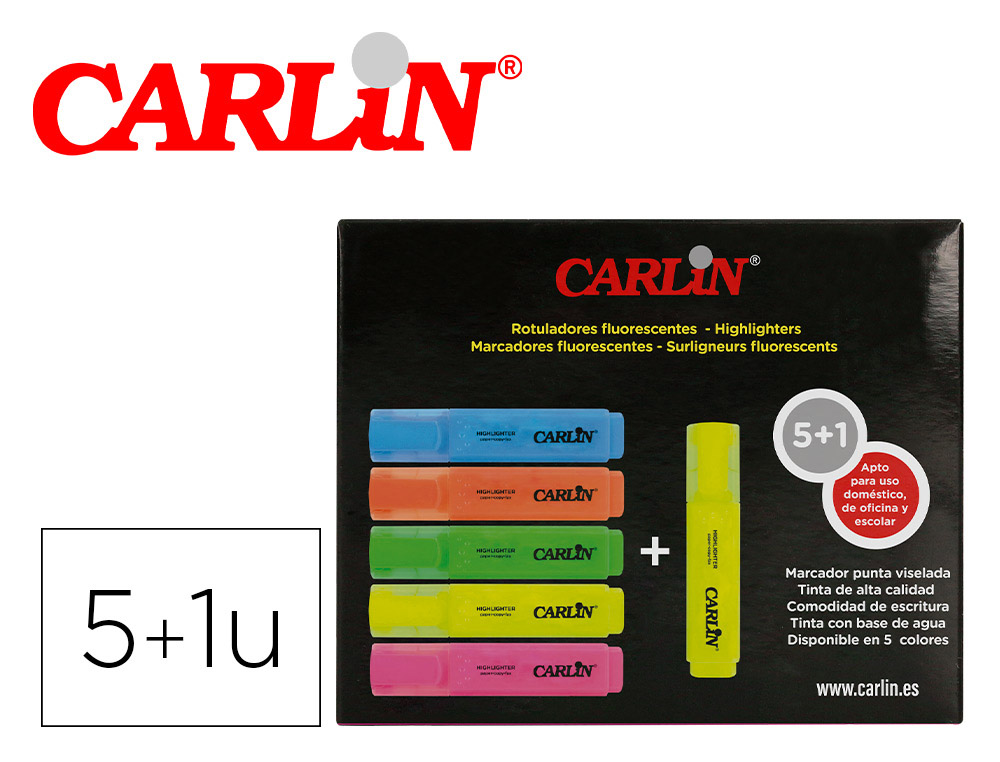 MARCADOR CARLIN FLUORESCENTE PONTA BISELADA CAIXA DE 5+1 UNIDADES CORES SORTIDAS