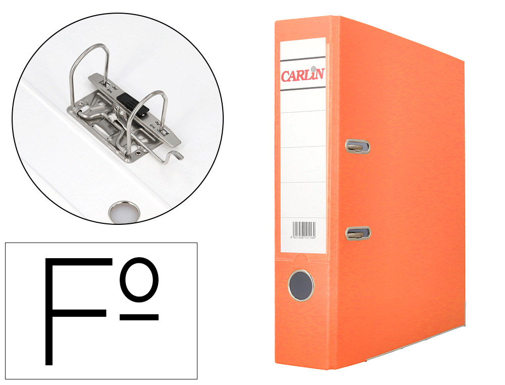ARCHIVADOR DE PALANCA CARLIN FOLIO FORRADO POLIPROPILENO CON RADO LOMO ANCHO 80 MM NARANJA