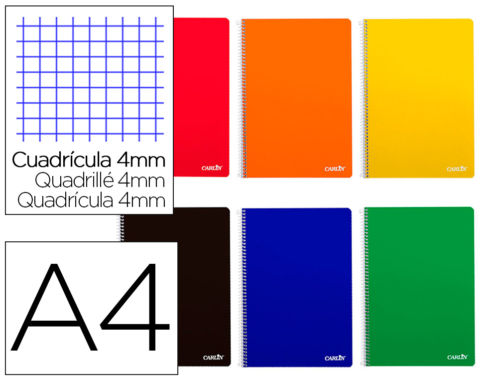 CADERNO ESPIRAL CARLIN A4 CAPA DURA 80F 90 GR QUADRICULA 4MM COM MARGEM CORES SORTIDAS