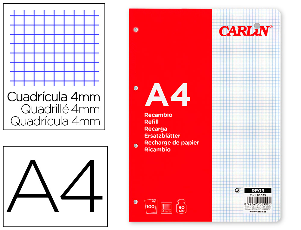 RECARGA CARLIN A4 100 FOLHAS 90 GR QUADRICULA 4MM COM MARGEM 4 FUROS