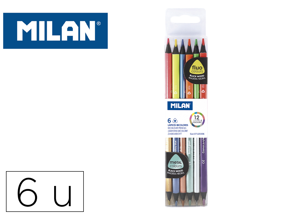 LAPICES DE COLORES MILAN BICOLOR TRIANGULARES MINA 2,9 MM FLUOR&METAL BLISTER DE 6 UNIDADES COLORES SURTIDOS