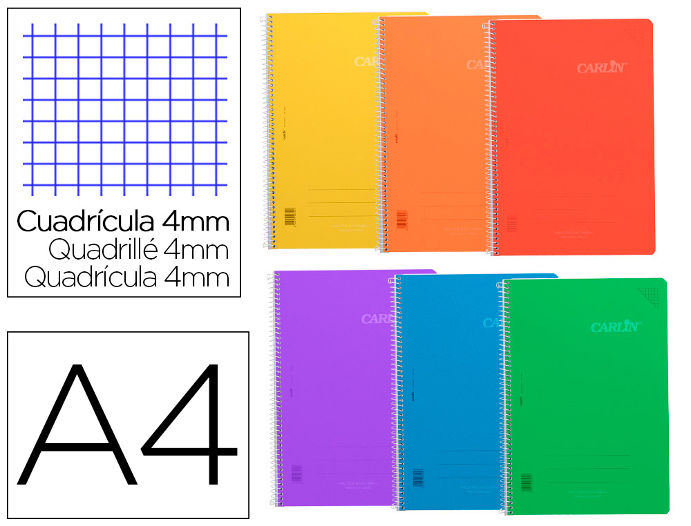 CADERNO ESPIRAL CARLIN A4 CAPA PLASTICO 80F 90 GR QUADRICULA 4MM COM MARGEM COR VERMELHO
