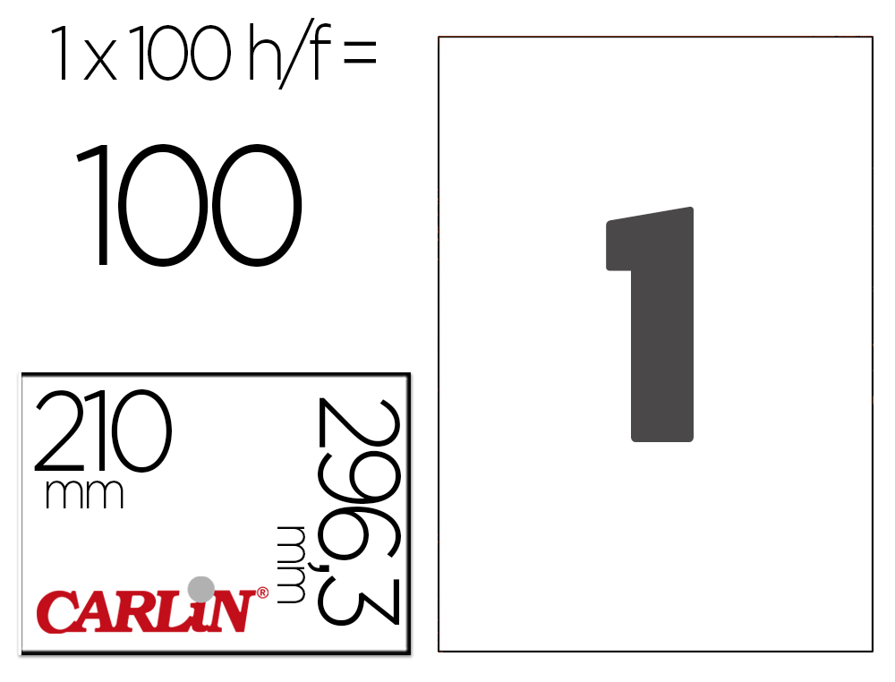 ETIQUETA ADESIVA CARLIN 210X297 MM FOTOCOPIADORA LASER INK-JET CAIXA DE 100 FOLHAS DIN A4