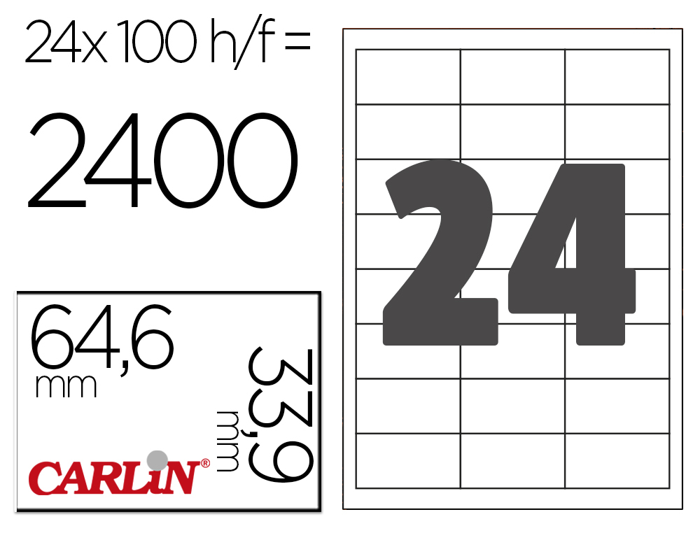ETIQUETA ADESIVA CARLIN 64,6X33,9 MM FOTOCOPIADORA LASER INK-JET CAIXA DE 100 FOLHAS DIN A4