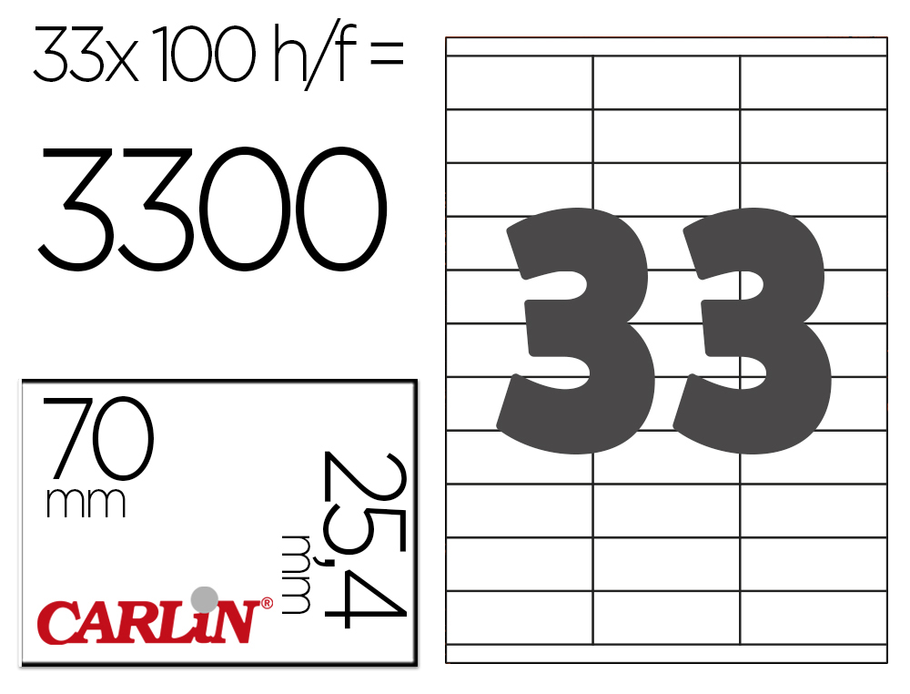ETIQUETA ADESIVA CARLIN 70X25,4 MM FOTOCOPIADORA LASER INK-JET CAIXA DE 100 FOLHAS DIN A4