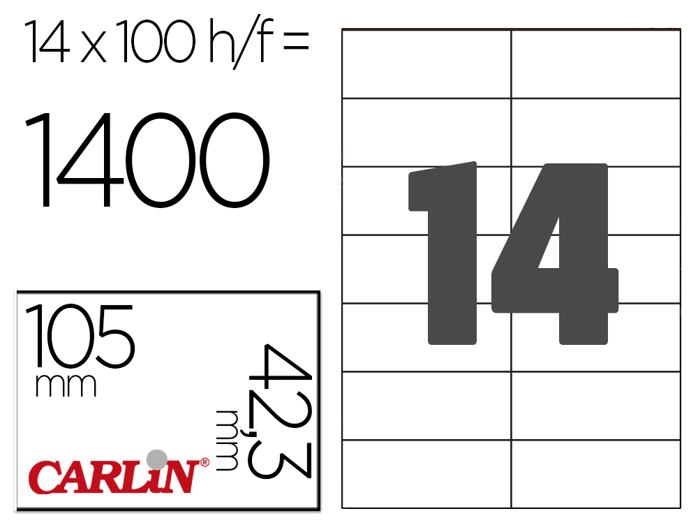 ETIQUETA ADESIVA CARLIN 105X42,3 MM FOTOCOPIADORA LASER INK-JET CAIXA DE 100 FOLHAS DIN A4
