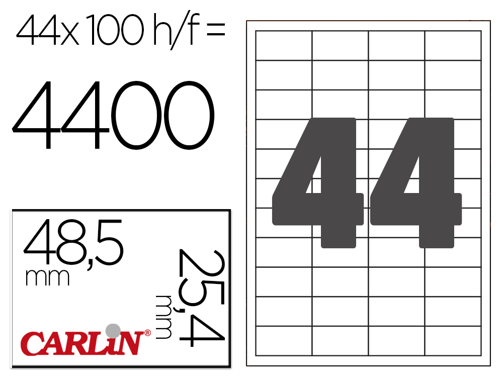 ETIQUETA ADESIVA CARLIN 48,5X25,4 MM FOTOCOPIADORA LASER INK-JET CAIXA DE 100 FOLHAS DIN A4