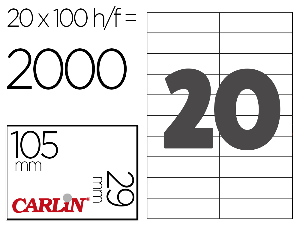 ETIQUETA ADESIVA CARLIN 105X29 MM FOTOCOPIADORA LASER INK-JET CAIXA DE 100 FOLHAS DIN A4