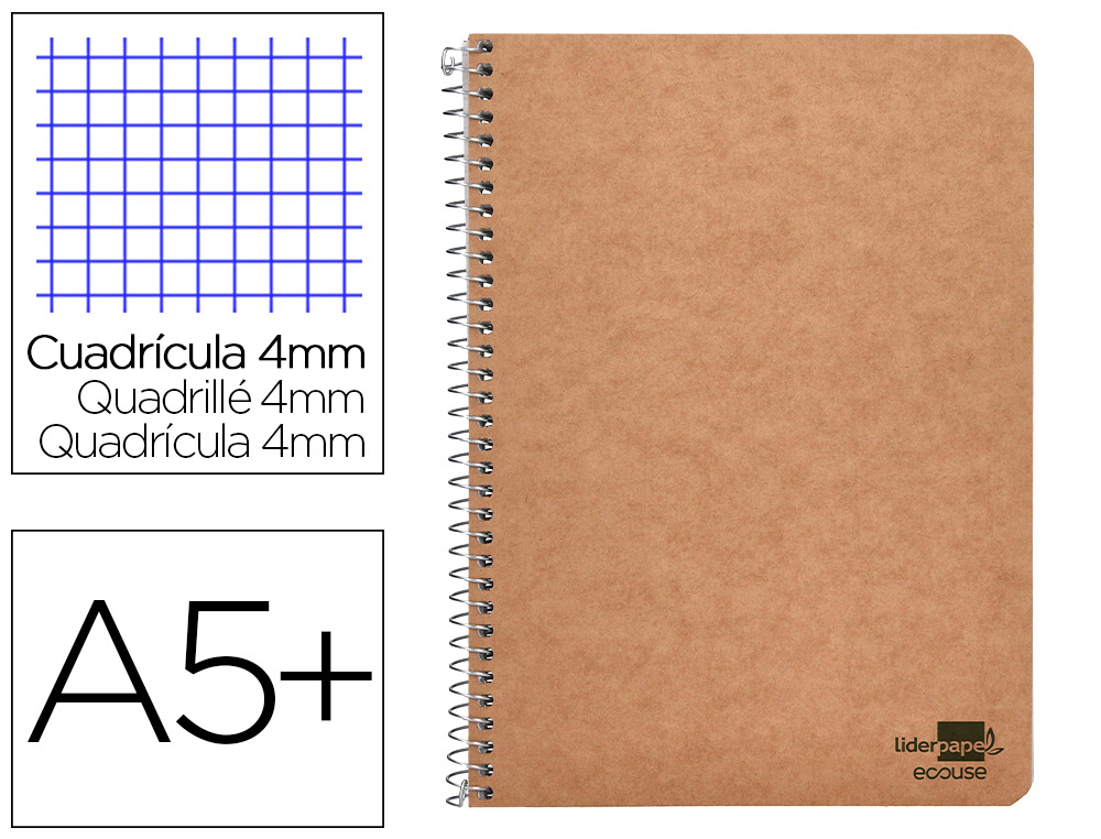 BLOC ESPIRAL LIDERPAPEL CUARTO ECOUSE TAPA CARTULINA KRAFT 80 HOJAS PAPEL RECICLADO 60 GR CUADRO 4 MM.